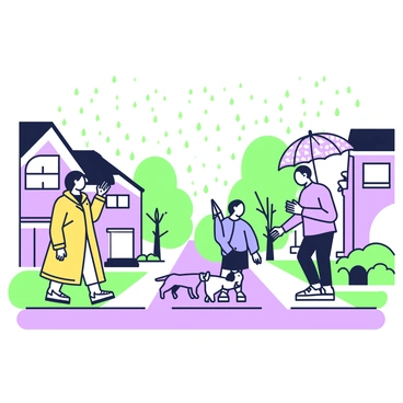 A quiet neighborhood street is depicted during a light drizzle. Gentle raindrops are visible in the air, creating a subtle mist. On both sides of the street, residential houses with neatly arranged gardens are present. A few people are walking along the sidewalk, each holding a different umbrella. One person, wearing a yellow raincoat, is strolling leisurely while glancing up at the sky. Another individual, dressed in a blue jacket, is hurrying along with a large, patterned umbrella. A small dog is accompanying a person, looking up curiously at the raindrops falling around them. The wet pavement reflects the surroundings, creating a tranquil atmosphere.