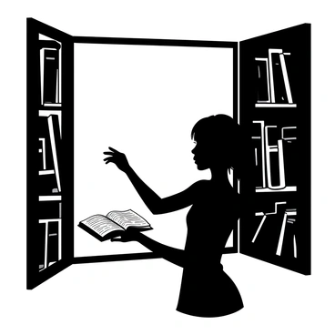 A silhouette of a girl is poised at an open library window, reaching in to grab a book. The outline of the girl shows a slight bend in her arm as she extends her hand towards a thick, open book perched on the windowsill. The dawn light casts a soft glow around her, highlighting the outline of her hair and clothing. The library's window framing provides a sense of depth, with the rich details of the library shelves slightly visible behind the girl. The scene captures a moment of intrigue and adventure as the first light of daybreak starts to illuminate the sky.