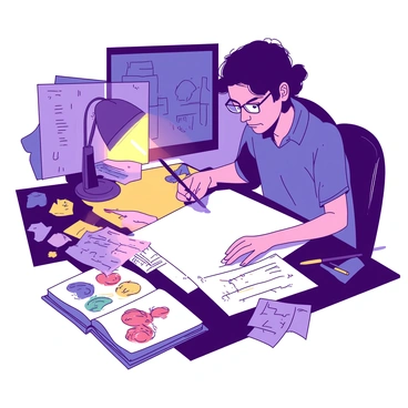 An artist is sitting at a cluttered desk late at night, illuminated by a warm yellow desk lamp. The artist, wearing glasses and a focused expression, is drawing on a large piece of white paper. Scattered around the desk are various papers covered with sketches and notes, some crumpled, while others are neatly stacked. Paintbrushes and pens are placed haphazardly beside a few vibrant paint tubes, and an open sketchbook lies in front of the artist, displaying colorful doodles. The scene captures a sense of creativity in a cozy yet chaotic workspace.
