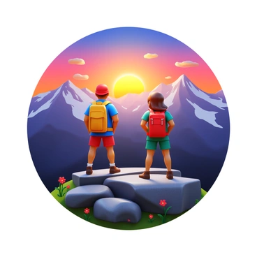 A 3D scene featuring two hikers standing on a rocky viewpoint. The hikers are wearing colorful outdoor gear, with backpacks and hats. The sun is rising in the background, casting warm golden rays over a majestic mountain range. The mountains are rugged and covered with patches of snow. The sky transitions from dark blue to vibrant orange and pink hues, with a few scattered clouds illuminated by the sunlight. The foreground includes some wildflowers and sparse vegetation, completing the scene.