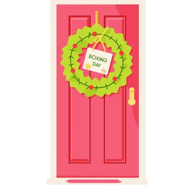 A wooden door painted in a warm red color, featuring a large, lush holiday wreath made of green pine branches adorned with bright red berries and golden ribbons. Hanging from the wreath is a "Boxing Day" greeting card with festive designs in vibrant colors. The door has a polished brass doorknob, and a small welcome mat sits in front, enhancing the cozy holiday atmosphere.