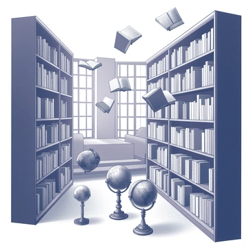 A library filled with towering bookshelves made of dark wood. Each shelf is filled with books that are levitating above their places, gently hovering in mid-air. The books are open, and their pages are fluttering as if they were butterflies taking flight. The room is spacious with large windows allowing light to illuminate the scene. Decorative globes and antique lamps are scattered around, enhancing the atmosphere of knowledge and imagination. The floor is made of polished stone tiles, reflecting the movements of the floating books.