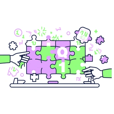 A collection of jigsaw puzzle pieces is scattered across a flat surface. Each piece features intricate designs and vibrant colors. Some pieces are being lifted and moved by two hands, positioned strategically to fit together. As the pieces come together, they reveal a large number depicted in expanded form, clearly visible in the center of the assembly. The surrounding pieces display smaller numbers and mathematical symbols, emphasizing the theme of numeracy. The entire scene captures the dynamic interaction of the puzzle pieces fitting snugly into place.