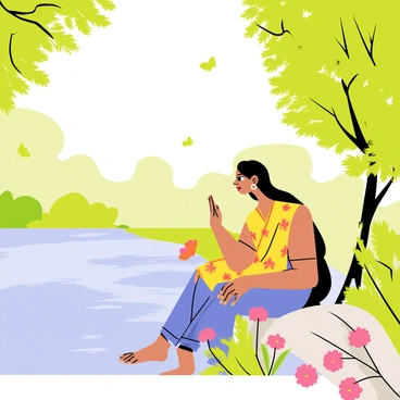 A woman relaxing by a riverbank, dressed in a colorful, flowing saree that drapes elegantly around her. She is sitting on a smooth rock with her legs crossed, gazing thoughtfully at the shimmering water. Lush green trees and blooming flowers surround her, adding vibrant colors to the scene. The sunlight filters through the leaves, creating dappled patterns on the ground and casting gentle shadows. Small birds can be seen flitting in the trees, and a few butterflies are fluttering nearby, enhancing the natural beauty of the setting.