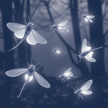 A collection of fireflies illuminated in a dark setting, showcasing their glowing lights. Each firefly is depicted with distinct patterns and shapes, representing different species. The image captures the bioluminescence of each insect, with some exhibiting a soft glow while others display more intense light. The background is a blurred woodland scene, emphasizing the fireflies as the focal point. The arrangement shows a range of sizes, from smaller, delicate fireflies to larger, robust ones, all in various stages of flight. The composition creates a vibrant atmosphere around this captivating natural phenomenon.