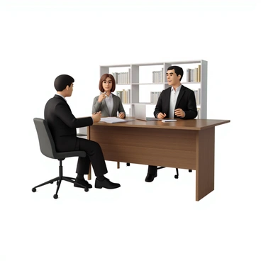 A lawyer with short black hair and wearing a dark suit sits at a sleek wooden desk. He is holding a pen and looking attentively at the client across from him. The client, a middle-aged woman with shoulder-length brown hair, is dressed in a business casual outfit, looking engaged and taking notes. Papers and a laptop are placed on the desk between them, and a large bookshelf filled with legal books is visible in the background. The atmosphere is professional, and both individuals appear focused on the discussion about "compliance regulations."