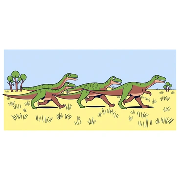 A pack of velociraptors is depicted running across an open plains landscape. The velociraptors have sleek, scaly bodies with green and brown patterns for camouflage. Each dinosaur has sharp, pointed claws and a long tail that helps maintain balance. The plains are filled with tall, dry grass that sways gently in the breeze. In the background, there are a few sparse trees and a clear blue sky, allowing the sun to cast shadows on the ground. The scene captures the sense of movement as the velociraptors pursue their prey.
