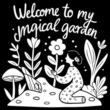 A detailed garden filled with various bioluminescent plants, each emitting a soft light. In the center, a sorciere is kneeling beside a large, glowing flower, using her hands to nurture it. She wears a flowing robe adorned with intricate patterns. Surrounding her are different types of glowing plants, some resembling mushrooms and others, tall stalks with luminescent leaves. A pathway made of stones leads deeper into the garden, illuminated by the gentle glow of the plants. "Welcome to my magical garden" is written in elegant script above the scene.