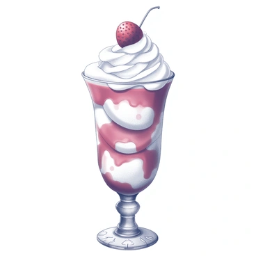 A dessert featuring a tall glass filled with a delicious sundae. The sundae consists of multiple layers of white ice cream, interspersed with thick, glossy "strawberry syrup." The ice cream is topped with a generous dollop of whipped cream, which adds height to the presentation. A bright "strawberry" sits atop the cream, enhancing the visual appeal. The glass is adorned with intricate details, showcasing its elegant shape and design. The scene is set against a simple background, emphasizing the sundae as the focal point.