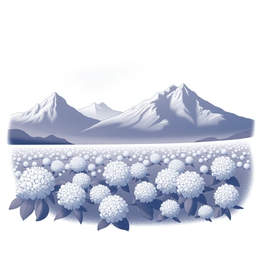 A serene landscape featuring a field of hydrangeas under a clear blue sky with mountains in the background.
