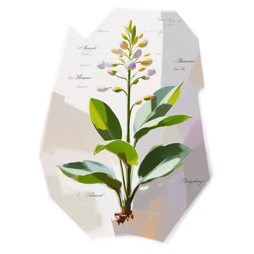 A botanical illustration of a plant showcasing its intricate details. The plant features elongated green leaves with a glossy texture, displaying a range of hues from deep forest green to lighter shades. Its stem is slender and upright, adorned with small flowering buds that are just beginning to bloom. The flowers are delicate and have a vibrant color, contrasting beautifully with the foliage. The background is subtle, ensuring the plant remains the focal point. Surrounding the plant are detailed scientific labels identifying various parts, including the leaves, stem, and flowers, with their respective names elegantly written in a classic font.