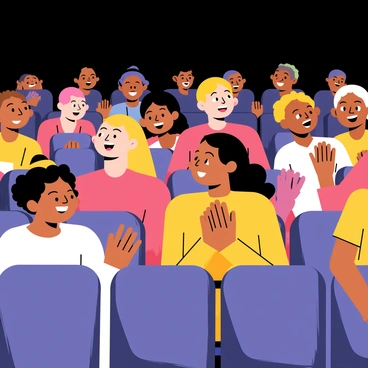 A diverse audience with a mix of people, including individuals of different ethnicities and ages, sitting in a darkened room. The audience members are showing expressions of laughter and joy, with wide smiles and bright eyes. Some are leaning forward in their seats, while others are clapping their hands. The lighting highlights their animated faces, capturing the energy of the comedy show atmosphere.