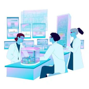 A group of scientists in a futuristic lab, wearing sleek white lab coats and high-tech eyewear. There are three individuals: one with short brown hair, focused on a holographic display, analyzing data with intricate graphs floating in the air. Another scientist with curly black hair is adjusting a complex, transparent device filled with colorful liquids, while the third scientist, an older woman with gray hair tied back, is examining a prototype air conditioning unit that glows softly with neon blue lights. The lab is filled with advanced equipment, glowing screens, and futuristic tools, creating an atmosphere of innovation and discovery.