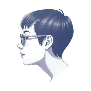 A side portrait of a person with short, dark hair. The individual is wearing "stylish glasses" with a unique frame design. Their expression is neutral, and the facial features are clearly visible from this angle. The person's ear is partially visible, and there is a slight shadow cast on the neck area, adding depth to the image. The background is plain to emphasize the details of the person's profile.