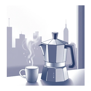 A Bialetti moka pot steaming next to a foggy window with a view of a city skyline