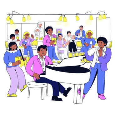 A lively jazz club interior featuring a grand piano with a white and black finish. The pianist, a man wearing a stylish suit and glasses, is seated at the piano, his fingers gracefully moving over the keys. Around him, several tables are occupied by guests, some leaning back in their chairs, smiling and clapping to the rhythm. A couple is dancing near the stage, completely immersed in the music. Warm yellow lights illuminate the space, creating a welcoming atmosphere. A small jazz band is visible in the background, adding to the vibrant scene.