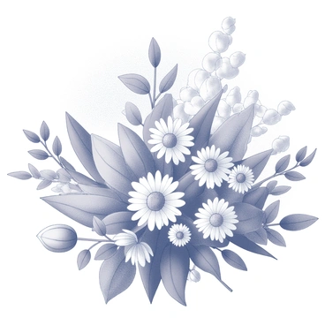 A detailed arrangement of various flowers and leaves. The flowers feature rounded petals, and the leaves display intricate vein patterns. The composition includes a mix of flower types, such as daisies and tulips, alongside an abundance of leaves in different shapes and sizes. The background has a subtle texture that contrasts with the smooth surfaces of the flowers and leaves, enhancing the overall visual interest of the illustration.