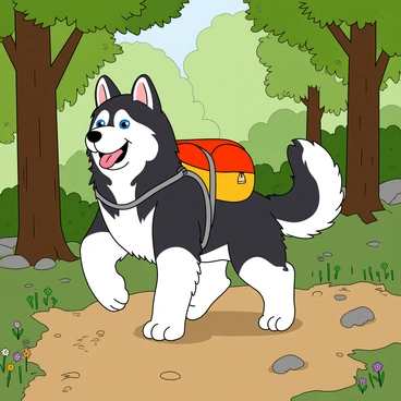 A fluffy husky with striking blue eyes and a thick coat of black and white fur is hiking along a wooded trail. The husky is wearing a small, colorful backpack strapped securely to its back. The trail is surrounded by tall green trees with lush foliage, and patches of sunlight filter through the leaves, creating dappled light on the ground. The husky's tongue is out, and it appears excited and energetic as it trots forward on the dirt path. Small rocks and twigs are scattered along the trail, and a few colorful wildflowers are blooming beside the pathway.