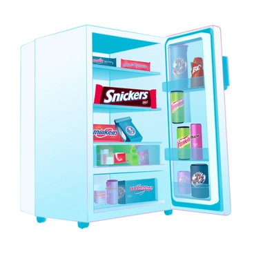 A refrigerator filled with snacks, showcasing a prominent Snickers bar.