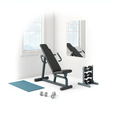 A home gym setup featuring a lat pulldown machine positioned in the corner. The lat pulldown machine is made of sturdy steel and has a black padded seat and backrest, with chrome pulleys and a thick, textured cable. Surrounding the machine, there are exercise mats on the floor, a set of dumbbells neatly arranged on a rack nearby, and a wall-mounted mirror reflecting the gym equipment. The walls are painted in a light color, and there is a large window allowing natural light to fill the space, creating a bright and inviting atmosphere.