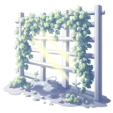 Sunlight filtering through thick, green ivy leaves hangs in clusters on a trellis. The leaves are rich in texture and detail, with varying shapes and sizes. The light forms intricate patterns on the ground beneath, casting playful shadows and highlights on the surface. The ground is covered with a mix of stones and soil, partially obscured by scattered ivy tendrils. The scene conveys a sense of nature's interaction between light and foliage.