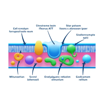 A diagram depicting "active transport pathways" within a typical "animal cell." The cell membrane is illustrated with various transport proteins embedded in it. Arrows indicate the movement of molecules such as sodium and potassium ions across the membrane. The presence of mitochondria is shown, providing ATP that powers the active transport processes. Various organelles, including the endoplasmic reticulum and Golgi apparatus, are included in the background to represent the cell's internal structure. Each transport pathway is labeled clearly for easy identification.
