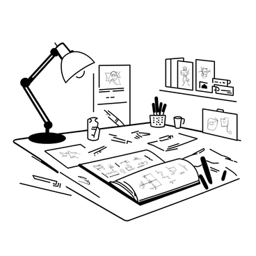 A cluttered desk belonging to a male illustrator is filled with various sketches and art supplies. The desk is covered with loose sheets of paper showcasing intricate drawings, some partially completed. There are multiple pencils and pens scattered across the surface, along with an inkwell and brushes of different sizes. A sketchbook lies open at one corner, revealing more detailed illustrations. A vintage lamp, with an adjustable arm, casts light over the workspace. In the background, a small shelf holds books about art and design, alongside framed sketches displayed as inspiration.