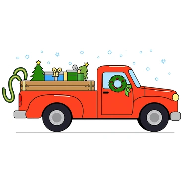 A wooden sled is firmly attached to the back of a bright red pickup truck. The sled is decorated with colorful ribbons in shades of green, gold, and silver, trailing down the sides. The truck features a shiny exterior and has a festive wreath attached to the front grille. The truck bed is filled with various holiday decorations, including small pine trees and wrapped gift boxes. Twinkling lights are draped around the truck's cab, adding to the joyful atmosphere. Snowflakes are gently falling around the scene, creating a winter wonderland backdrop.