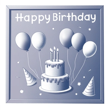 A chalkboard with "Happy Birthday" written in large, playful letters at the top. Below the text, there are several drawings of balloons in different shapes and sizes, some with strings attached. A detailed drawing of a birthday cake is positioned in the center, featuring multiple tiers, candles, and decorative frosting. Scattered around the cake and balloons are additional doodles of confetti and party hats, all created in a chalky texture.