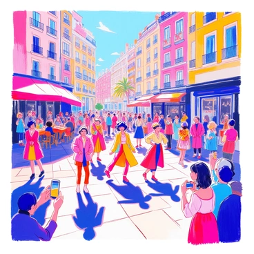 A bustling city square is filled with people in motion. In the center, a spontaneous fashion flash mob is taking place, featuring a diverse group of models. They are wearing vibrant, trendy outfits that showcase various styles and colors. The models strike dynamic poses and dance playfully, drawing the attention of onlookers. Surrounding the square, tall buildings and café patios create an urban backdrop. Groups of people watch, some taking photos and others cheering. The scene captures a lively atmosphere filled with excitement and creativity.