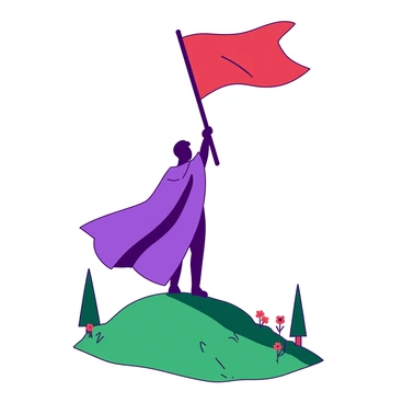 A figure wearing a long, flowing purple cape stands atop a green hill, holding a red flag high above their head in a show of liberation. The figure is silhouetted against the sky, with the flag billowing in the wind. The hill is gently sloped, and the surrounding landscape is dotted with a few trees and flowers, adding vibrancy to the scene. The figure's stance is strong and proud, symbolizing hope and freedom.