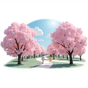 A vibrant park filled with "cherry blossom trees" in full bloom, showcasing an array of pink flowers. The ground is covered with a carpet of fallen petals. A clear blue sky overhead complements the scene, while sunlight filters through the branches, creating dappled shadows on the grassy area below. In the background, a path winds gently through the park, inviting visitors to stroll among the blossoms. A couple can be seen walking hand in hand, enjoying the beautiful spring day.
