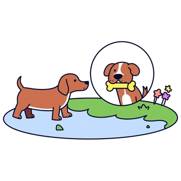 A small brown dog with floppy ears is standing at the edge of a calm body of water. The dog is gazing intently at its reflection, which shows a larger, cartoonish representation of itself. In the reflection, the dog appears to be holding an oversized bone in its mouth. The surrounding area is filled with green grass and a few colorful flowers near the water's edge. The scene captures the dog's curiosity and excitement as it believes it has discovered a bigger bone.