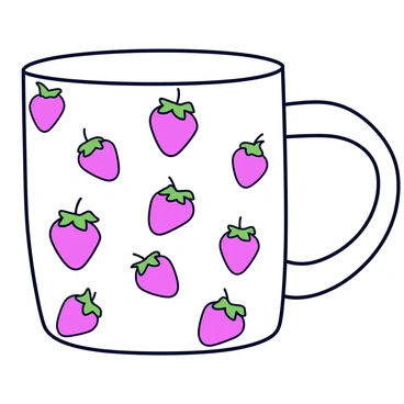 A cheerful mug with a white base color. The mug features a repeating pattern of bright red strawberries, each with green leaves. The strawberries are evenly spaced around the mug, creating a playful and vibrant design. The handle of the mug is curved and smooth, matching the overall cheerful aesthetic.