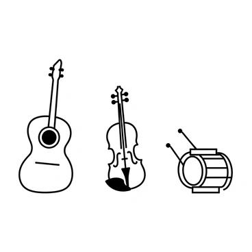 A flashcard featuring various musical instruments arranged neatly. At the top of the flashcard, there is a "guitar" with a long neck and distinct body shape, positioned on the left. Beside it, there is a "violin" with its elegant curves and f-holes, placed in the center. On the right, a "drum" with a visible drumhead and surrounding rim is depicted. Each instrument is detailed, showcasing strings, body shapes, and textures. The background is blank to highlight the instruments prominently.