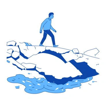 A blue person is carefully walking across a white bridge that appears to be crumbling beneath their feet with each step they take. The bridge has large cracks and pieces of it are missing, creating a sense of instability. Below the bridge, there are hints of a turbulent river that demonstrate the danger lurking beneath. The person's expression is focused and determined, embodying the struggle of navigating their fragile hopes amidst the precarious situation.