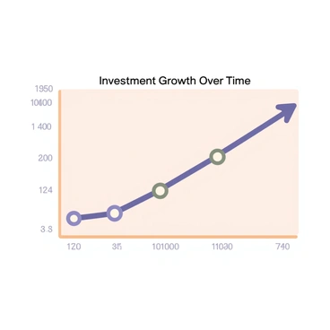 A digital flat illustration featuring a line graph depicting the growth of an investment over time. The vertical axis is labeled "Investment Value" with incremental values from 0 to 100, illustrated in a clear font. The horizontal axis is labeled "Time" with markers for each month over a span of one year. A bold, upward-sloping blue line represents the increasing investment value, moving from the bottom left to the top right of the graph. Small circular markers are placed at the end of each month along the line to denote specific data points. The background is a light color to enhance visibility, and a title at the top reads "Investment Growth Over Time" in a prominent font.