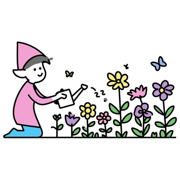 An elf on the shelf, with pointy ears and a red outfit, is kneeling among a vibrant flower garden. The garden is filled with an array of colorful blooms, including red roses, yellow sunflowers, and purple pansies. The elf is gently watering the flowers with a small watering can. Butterflies flutter around the garden, adding to the lively scene. The background features green leaves and stems, enhancing the lushness of the garden.