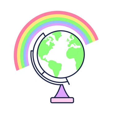 A globe is positioned at the center of the image, displaying detailed continents and oceans. Above the globe, there is an arc that represents a rainbow, stretching gracefully from one side to the other. The colors of the rainbow are vivid and distinct, creating a soft contrast against the globe. The base of the globe is a simple stand, and the globe itself is placed on a flat surface. The overall composition draws attention to the message of unity conveyed by the globe and the rainbow above it.
