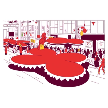 A red float shaped like a giant fourchette is gliding down a busy street, surrounded by a crowd of people celebrating. Colorful banners and streamers are draped along the float, creating a vibrant atmosphere. On the sides of the float, adorned with shiny decorations, there are performers dressed in festive costumes waving to the onlookers. In the background, additional floats shaped like giant fourchettes are also making their way through the street, each one uniquely designed with various embellishments. The scene is filled with excitement and energy as the parade continues.