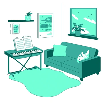 A corner of the living room dedicated to music with a small keyboard and sheet music stand