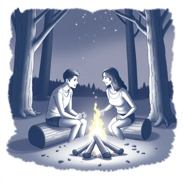 A couple is seated on a log beside a campfire. The flames flicker and illuminate their faces, casting warm light against the surrounding dense forest. The man, with short hair and a relaxed posture, leans slightly forward, animatedly sharing a story. The woman, with wavy hair cascading over her shoulders, listens intently, a smile on her face. Shadows of trees loom in the background, their trunks thick and intertwined, creating a natural frame around this intimate scene. The ground is littered with fallen leaves and twigs, while the starry night sky is partially visible above the tree canopy.
