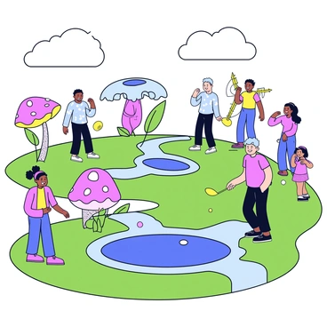 A vibrant mini-golf course filled with colorful obstacles such as oversized mushrooms, giant flowers, and playful windmills. Several families are seen actively playing, with children laughing and parents encouraging them. One child is attempting a putt at a hole surrounded by a bright blue water fountain, while another family is gathered around an obstacle shaped like a friendly dinosaur. The grass of the mini-golf course is a lush green, and the sky is clear with a few fluffy white clouds.