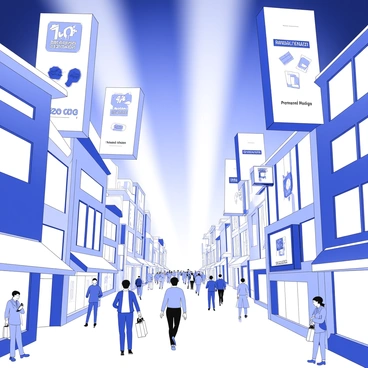 A sky is filled with floating digital advertisements. Each advertisement displays various products and services, showcasing dynamic animations and large text. The light emitted from these ads beams down onto the bustling streets below. People stroll along the sidewalks, engaged in conversations and looking up at the displays. Buildings line the streets, their windows reflecting the bright glowing lights. Some pedestrians are holding shopping bags, while others are checking their smartphones. The atmosphere is lively and energetic, with a sense of modernity and technological advancement.