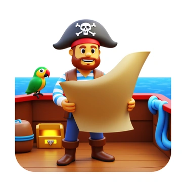 A 3D cartoon pirate stands confidently on the deck of a ship. He wears a traditional pirate hat adorned with a skull and crossbones. His clothing includes a striped shirt, a brown vest, and leather boots. In his right hand, he holds an ancient treasure map, examining it closely as he searches for hidden loot. A colorful parrot with bright green and yellow feathers perches on his left shoulder, looking curiously at the map. The ship's wooden deck is detailed, with ropes, barrels, and a glowing treasure chest in the background. The ocean is visible in the distance, adding to the adventurous atmosphere.
