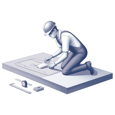 A builder is kneeling on the ground, working diligently on the foundation of a house. He is wearing a hard hat and safety gear, showcasing his commitment to the task. In front of him, various precise tools are arranged, including a level, tape measure, and trowel. The builder is focused, using the trowel to spread concrete evenly across the area. The house's outline can be seen marked on the ground, indicating the layout of the structure. The scene conveys a sense of hard work and determination in the construction process.