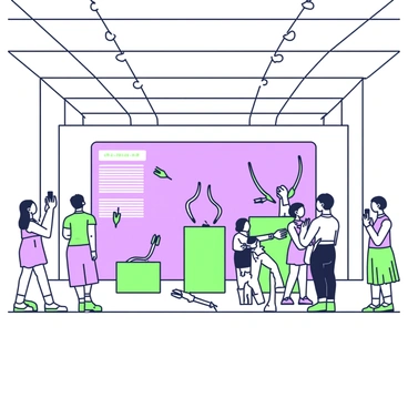 A museum exhibit features a display of ancient bows and arrows arranged elegantly on podiums. The bows vary in shape and size, showcasing intricate designs and craftsmanship. Behind the display, a large informational panel provides context about the historical significance of the weapons. Visitors are scattered throughout the exhibit, some standing in front of the bows, pointing and discussing details with each other. Others are taking photos, capturing the artifacts with their smartphones. The museum's high ceiling is adorned with soft lighting that highlights the artifacts, creating a focus on the craftsmanship of the ancient bows and arrows.