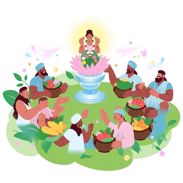 A group of farmers is gathered in a lush green field, surrounded by vibrant crops ready for harvest. The farmers are holding baskets overflowing with a variety of fresh fruits and vegetables, such as bright red tomatoes, golden corn, and leafy greens. In the center of the scene, a large statue of Goddess Lakshmi is placed on an ornate pedestal, adorned with colorful garlands and flowers. The farmers are dressed in traditional attire, with some wearing turbans and others in colorful saris, all showing expressions of gratitude. Surrounding them are decorative elements, including small oil lamps and incense sticks, creating a festive atmosphere. A radiant sun casts warm light over the entire scene, enhancing the richness of the harvest.