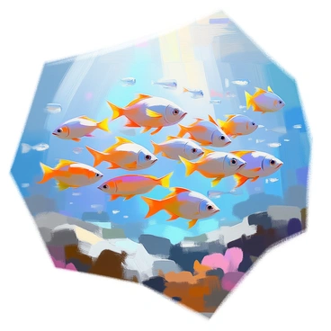 A large school of fish swimming in perfect synchronization in the ocean. The fish are a vibrant mix of colors, with shimmering scales reflecting the sunlight that filters down through the water. They are moving in a fluid pattern, creating dynamic shapes as they dart and weave together. The surrounding water is clear, with hints of coral reefs visible in the background. Sunlight creates an enchanting play of light and shadow across the ocean floor, enhancing the lively scene of the harmonious movement of the fish.
