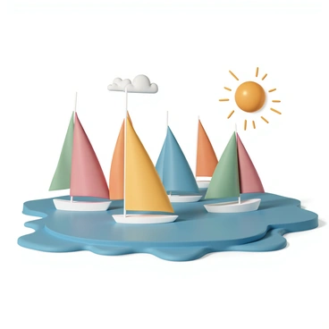 Six sailboats are positioned on the ocean, each with vibrant and colorful sails. The sails are unfurled, displaying bright hues of red, blue, yellow, green, and orange, contrasting against the deep blue water. The boats are in various orientations, creating a dynamic scene as they navigate the gentle waves. The sun is shining brightly, casting reflections on the surface of the sea, while a few fluffy white clouds drift across the sky.